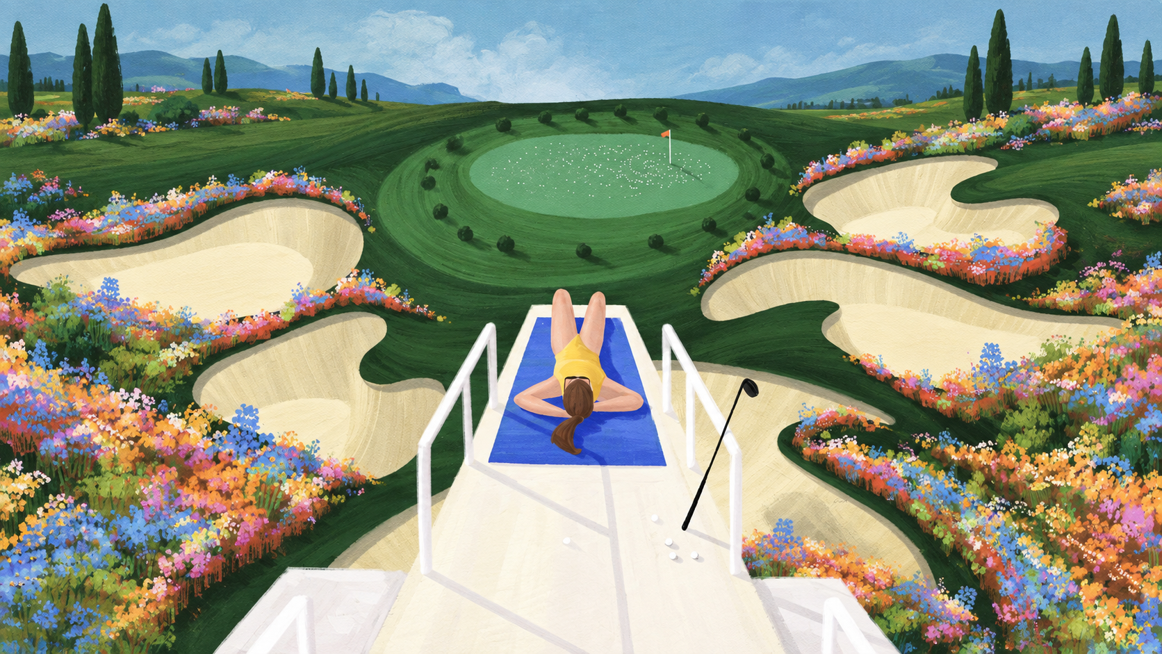 Colorful flowers around a golf course