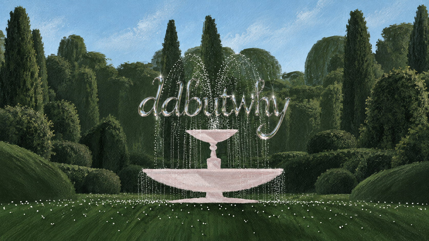 ddbutwhy silver lettering over a fountain on a golf course