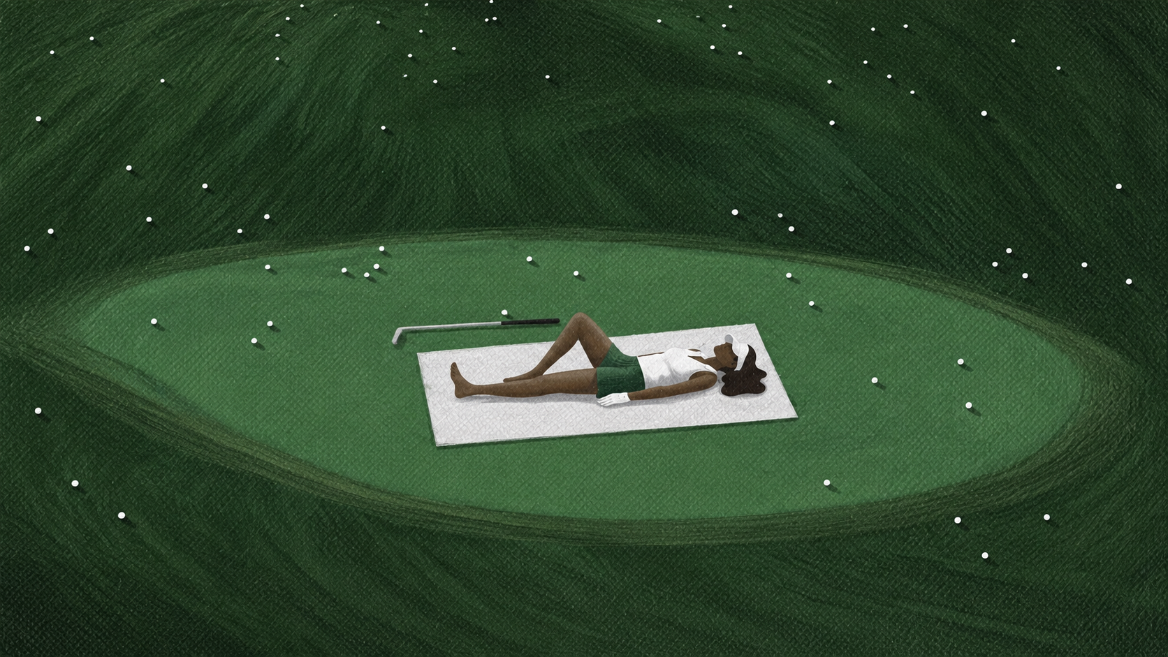 A relaxed figure on a green golf surface